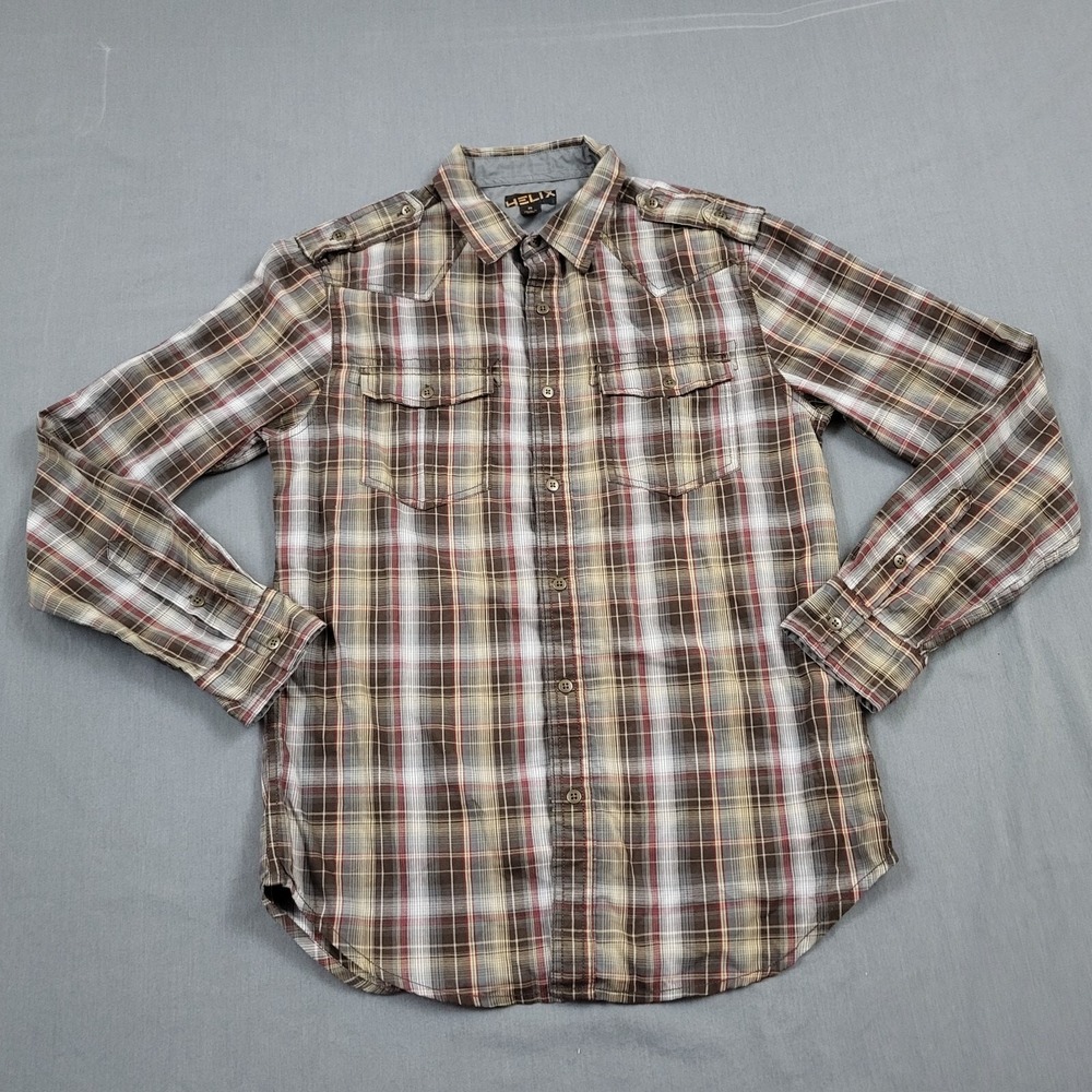Helix Mens Small Plaid‎ Western Button Down Shirt Brown Gray Red Epaulets